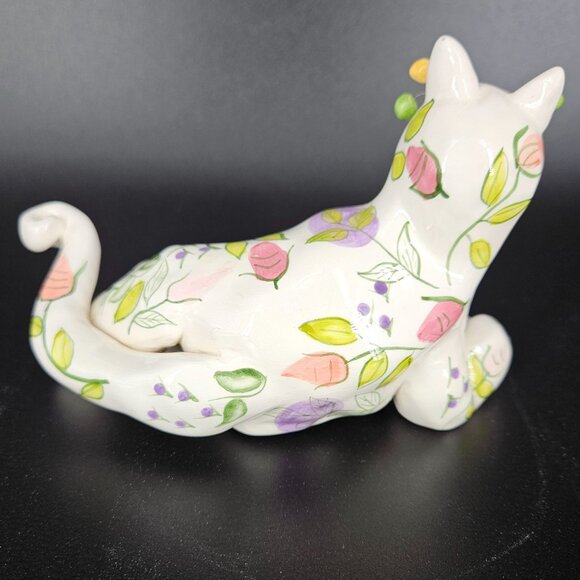 Annaco Creations Lying Cat Figurine Ceramic Floral Signed Amy Lacombe 2001 - Picture 4 of 12